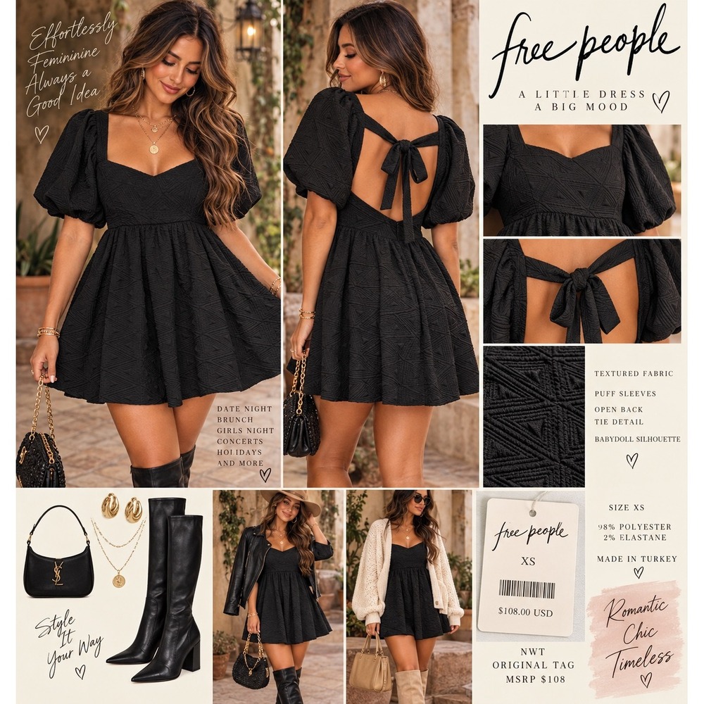Free People Black Textured Babydoll Mini Dress Puff Sleeve Open Back  XS
